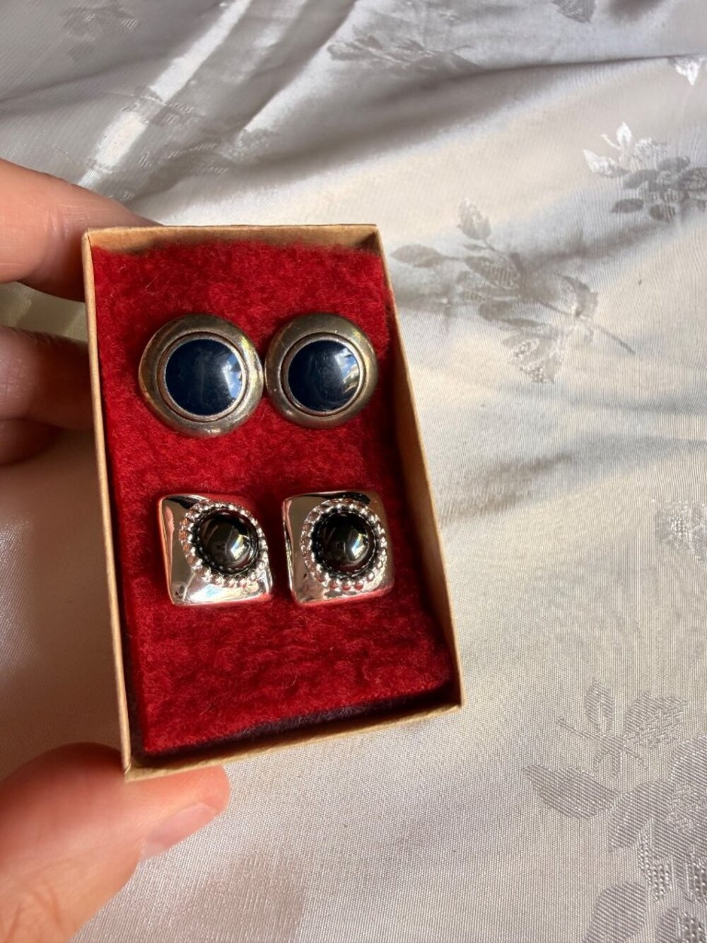 Vintage SilverTone Square Black Glass Cabochons & Round Blue Enamel Earrings